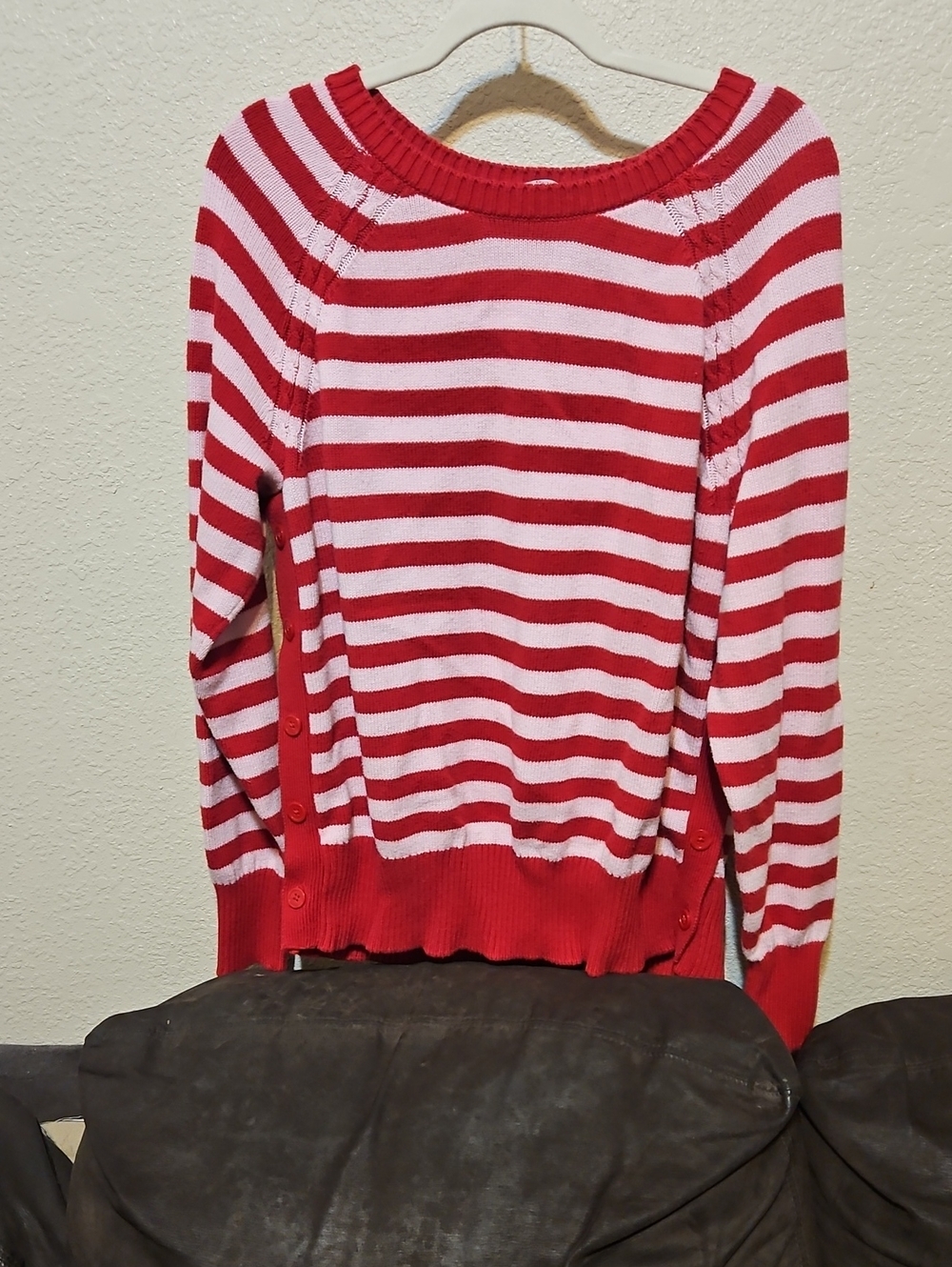 Kim Rogers Red and Pink Striped Scoopneck Sweater with Side Buttons